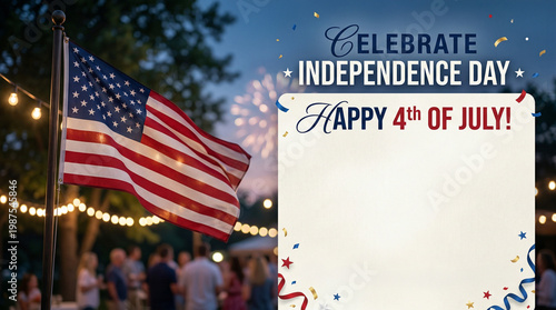 Independence Day celebration banner with American flag, fireworks and copy space for text, festive outdoor summer background