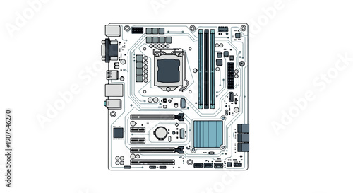 Motherboard layout featuring multiple slots and connectors for computer assembly