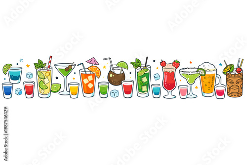 Colorful Hand Drawn Vector Illustration of Alcoholic Beverages, Cocktails, Shots, and Beer in a Seamless Horizontal Border Strip for Party Invitations, Bar Menus, and Summer Refreshment Designs.