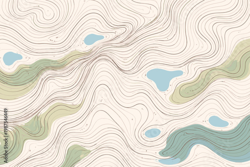 Abstract Topographic Map Illustration with Minimalist Waved Contour Lines and Watercolor Accents. Artistic Mountain Landscape Background for Geography, Cartography, and Modern Graphic Design.
