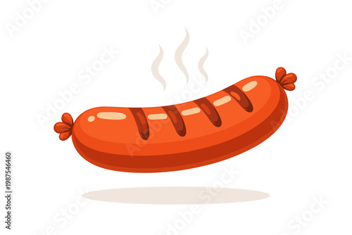 Grilled Sausage Vector Illustration with Dark Grill Marks and Rising Steam, Floating Hot Dog or Bratwurst Icon for BBQ, Picnic, and Fast Food Menu Design, Isolated on White Background for Ads.