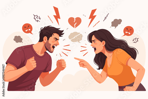Angry man and woman shouting at each other in a heated argument, vector illustration of domestic conflict, toxic relationship, rage, and negative emotions with broken heart and lightning symbols.