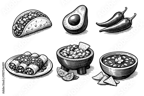 Mexican food collection featuring hand-drawn engraving style illustrations of taco, avocado, chili peppers, enchiladas, guacamole in molcajete, and soup with nachos. Vintage sketch vector set.