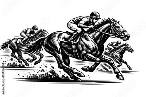 Dynamic Black and White Engraving Illustration of a Horse Racing Competition with Jockeys Galloping at High Speed on a Racecourse, Vintage Woodcut Style Vector Art for Sports and Equestrian Themes.