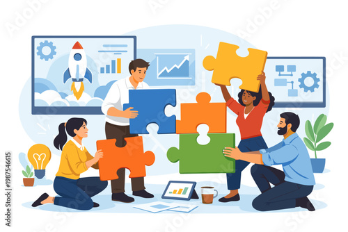 Diverse business team collaborating to assemble large puzzle pieces, symbolizing teamwork, problem-solving, and strategic partnership for startup growth and success in modern office setting.
