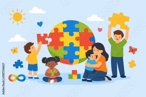 World Autism Awareness Day banner featuring diverse children and teacher with puzzle pieces around a puzzle globe, neurodiversity infinity symbol, butterflies, and hearts, flat vector design.
