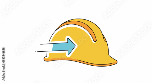 Construction helmet with an arrow indicating forward motion and safety direction
