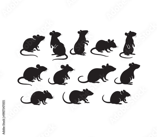 Black rat silhouette collection, 12 mouse vector icons in various poses, standing and crawling rodent silhouettes, pest control graphic elements