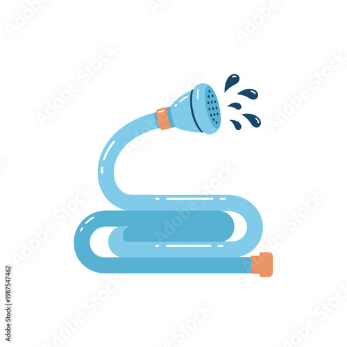Blue shower head with water splashing, flexible hose, bathroom icon