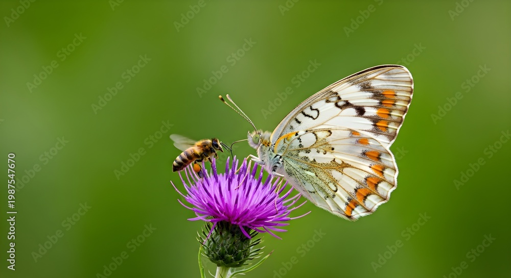 Fototapeta premium Butterfly and Bee Pollinating a Thistle Flower in a Vibrant Meadow