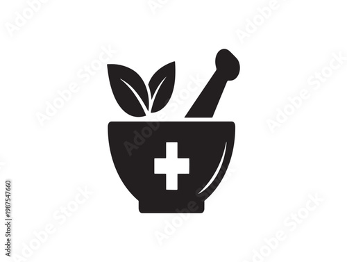 Pharmacy symbol mortar and pestle with medical cross and botanical leaves illustration