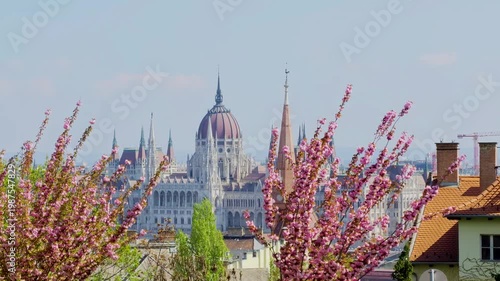 Aerial 4K video footage of Hungarian Parliament and Budapest architecture, stunning historic building from above, European cityscape, iconic landmark 