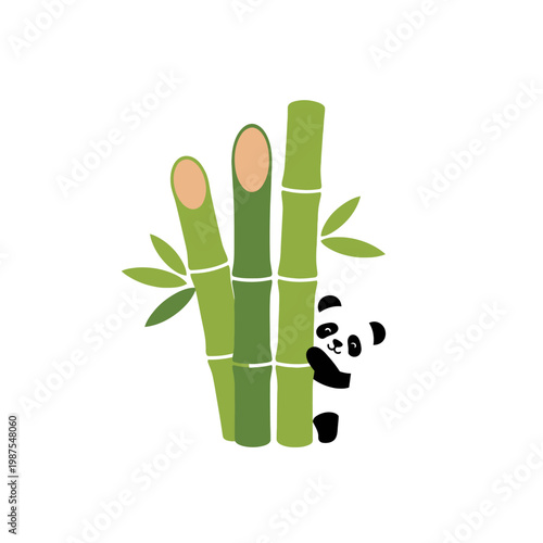 Cute Panda Peeking Behind Bamboo Stalks - Adorable Animal Illustration