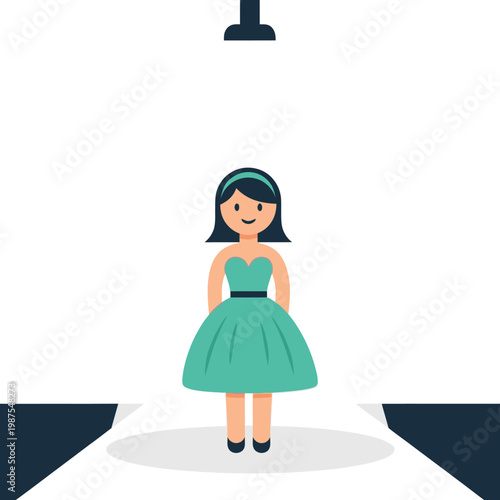 Fashion model on catwalk under spotlight, cartoon style