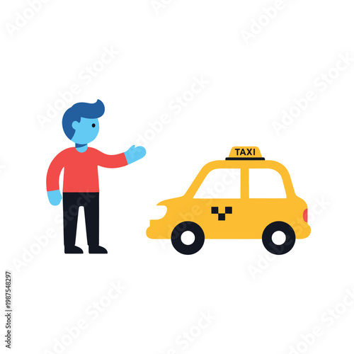 Man hailing a yellow taxi cab on white background, flat design illustration.