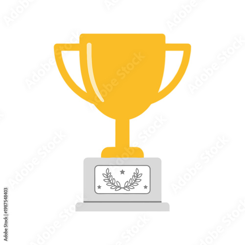 Golden Trophy with Laurel Wreath Emblem on White Background - Award and Victory Symbol