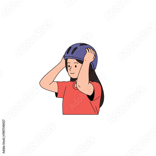 Young girl putting on a purple helmet for safety, isolated on white background