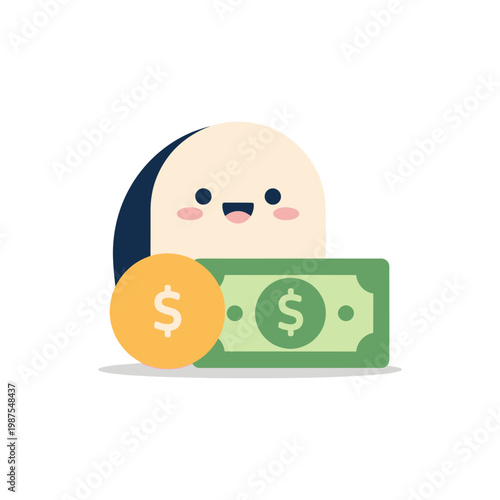 Happy Character with Dollar Bill and Coin, Financial Growth Concept