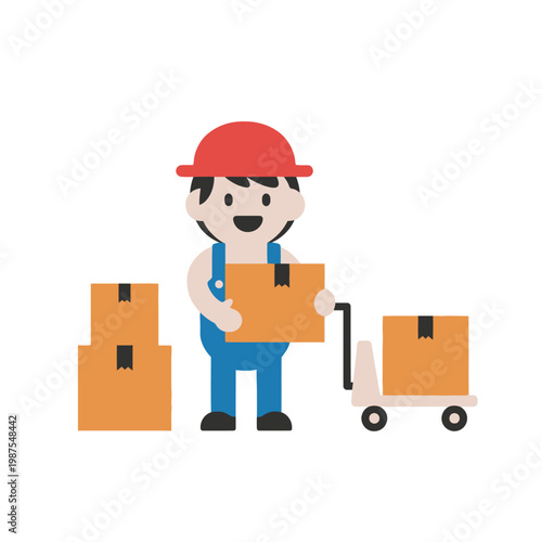Delivery Man with Boxes and Pallet Jack, Logistics and Shipping Vector Illustration