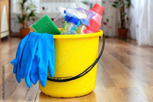 Cleaning Tools in a Yellow Bucket on Wooden Floor With Supplies Ready for Chores in a Home Setting