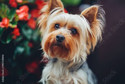 Small Dog Sits Near Flowers in a Home Setting During the Daytime