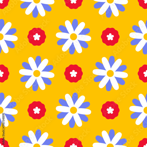 Bright floral pattern featuring white and red flowers on a sunny yellow background perfect for vibrant designs