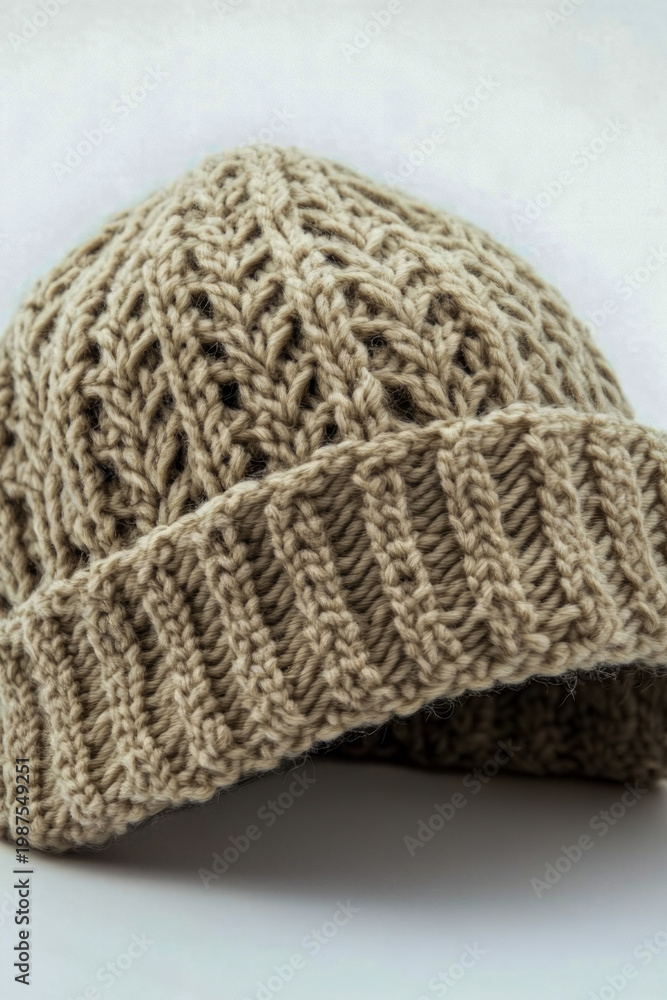 Fototapeta premium A single knitted hat sits on a clean white surface