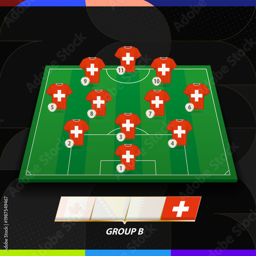 Switzerland Football Team Lineup Formation on Soccer Field for International competition.