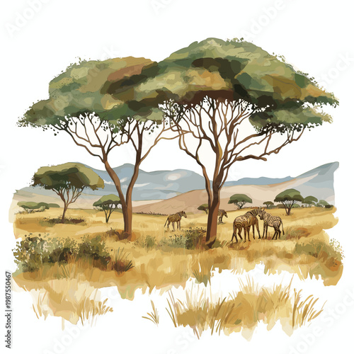 Maasai Mara National Reserve. Maasai Mara National Reserve hand drawn watercolor illustration on white background