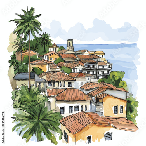 Malabo. Malabo hand drawn watercolor illustration on white background