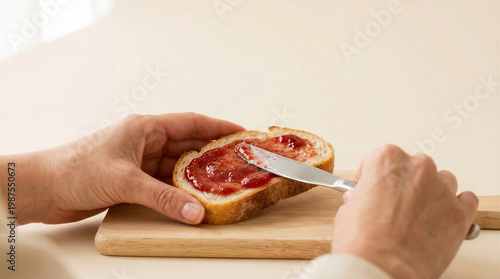 Hands spreading jam on bread with a calm atmosphere on a wooden surface