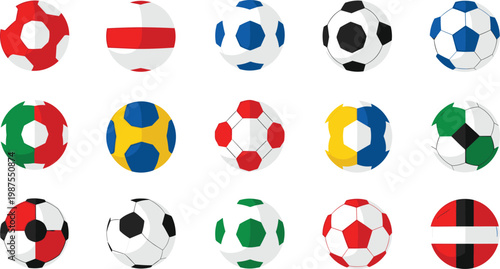 Collection of Flat Soccer Ball Icons with National Flag Colors for Football Tournaments, World Sports Championships, International Competition Branding, and Global Athletic Games