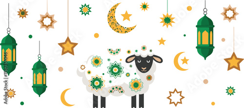 Islamic Eid al Adha Line Art Icon Set Featuring Detailed Sacrificial Animals, Mosque Architecture, Ornate Lanterns, and Crescent Moon Symbols for Religious Holiday Greetings