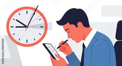 Man in office with clock.
