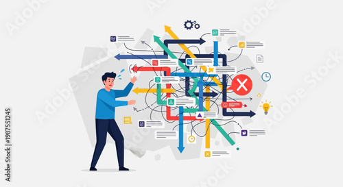 Man interacting with complex flowchart.