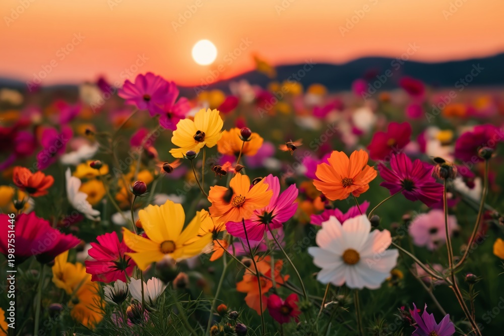 Fototapeta premium Colorful Flowers Bloom in a Field During Sunset Near Mountains