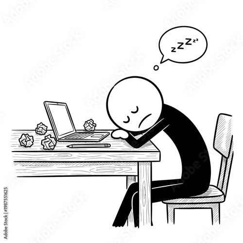 Tired Person Sleeping at Desk with Laptop.