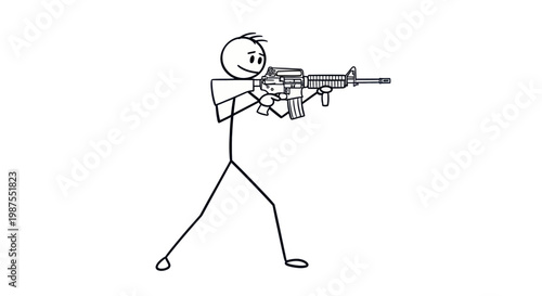 Simple Stick Figure Holding Rifle Gun.