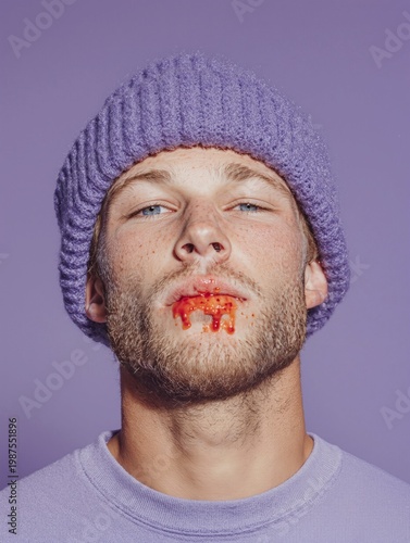 Portrait of a handsome man in a purple beanie with food crumbs on lips, bold fashion look, playful messy eating concept, modern aesthetic and expressive lifestyle vibe.