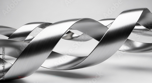 Ultra realistic 3D metallic ribbons twisting in smooth continuous motion, reflective brushed metal surface