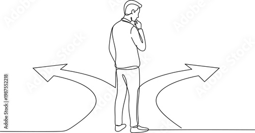 Continuous line drawing man choosing direction decision making dilemma choice path concept business life minimal vector outline illustration style modern