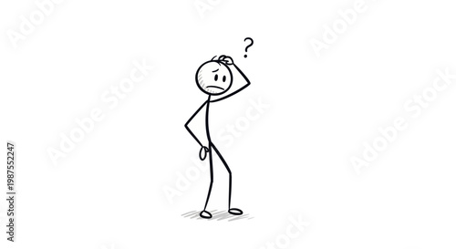 Stick figure man thinking with question mark.