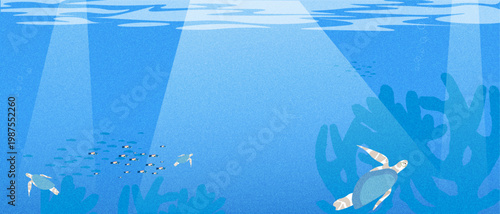 Flat vector illustration of an underwater ocean scene with sea turtles, fish and coral reef. Blue marine background. Concept of sea life, marine wildlife, ocean ecosystem and underwater exploration. 