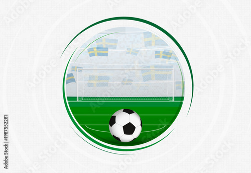 Sweden football fan celebration scene featuring a soccer ball, goal net, and waving national flags in a stadium.