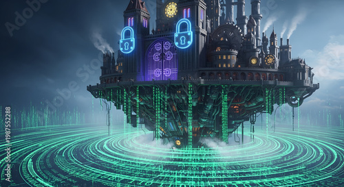 Futuristic castle floating on digital green circuits with blue locks, cyberpunk atmosphere, sci-fi architecture