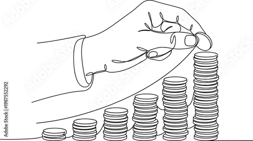 Continuous line drawing of hand stacking coins increasing growth savings investment financial success minimal business concept illustration vector outline style