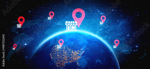 Εκτύπωση καμβά A creative representation of a global retail network showing location markers above Earth, symbolizing business reach, digital connectivity, and market expansion opportunities