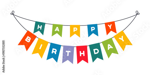 A colorful banner that says Happy Birthday. It is hanging from a string. The banner is made up of many different colored flags