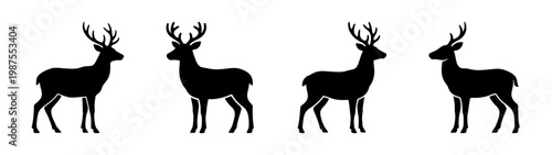Deer silhouette vector set, 4 stag icons with antlers, wild reindeer animal silhouettes
