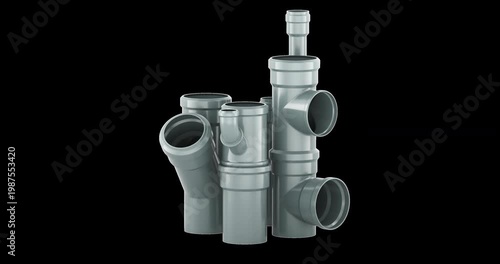 Gray sewer pipes and fittings, rotation animation seamlessly loopable. 3D rendering isolated on transparent background